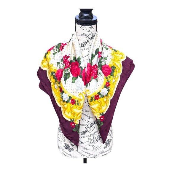 Ratti Italian Floral Silk Scarf 33.5" Red Roses & Gold Baroque Design Italy VTG - Picture 2 of 8